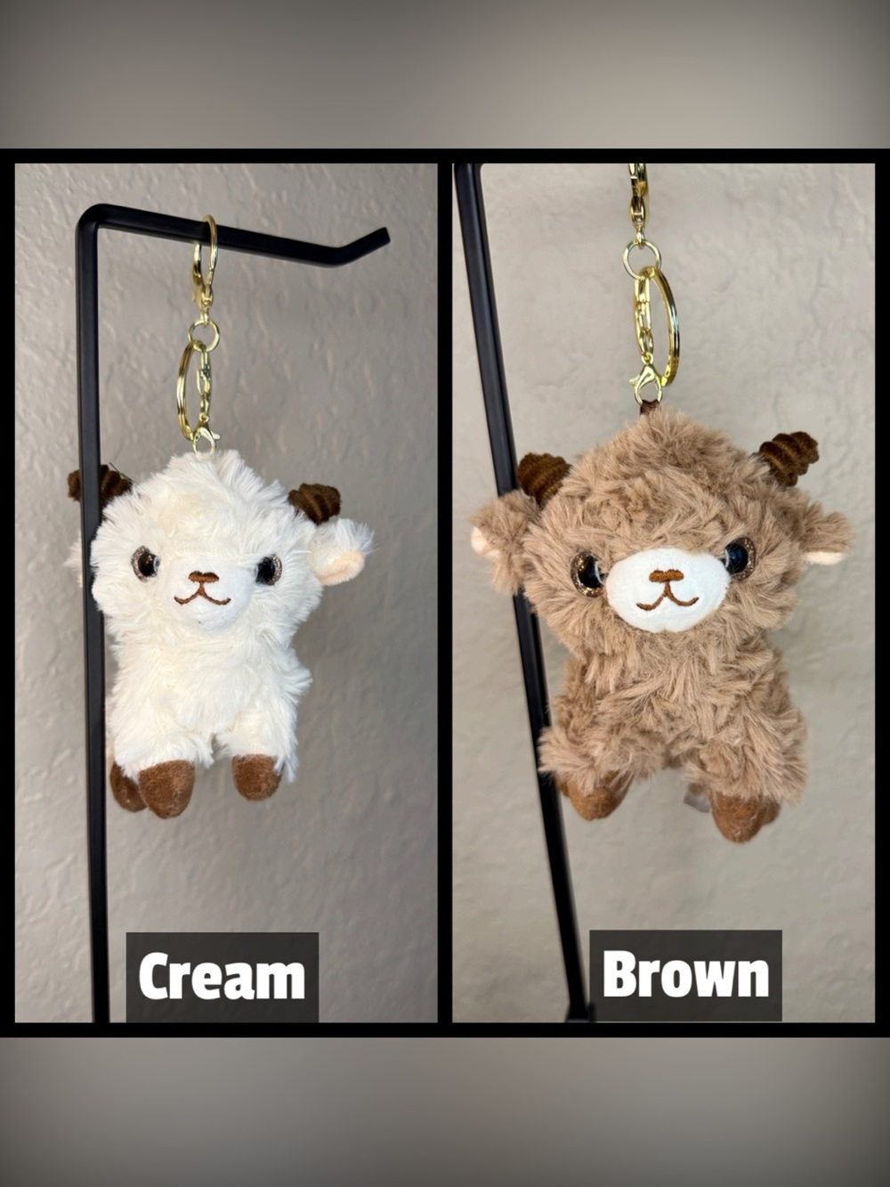 Plush Goat Bag Charm Keychain Cream or Brown Gold Hardware